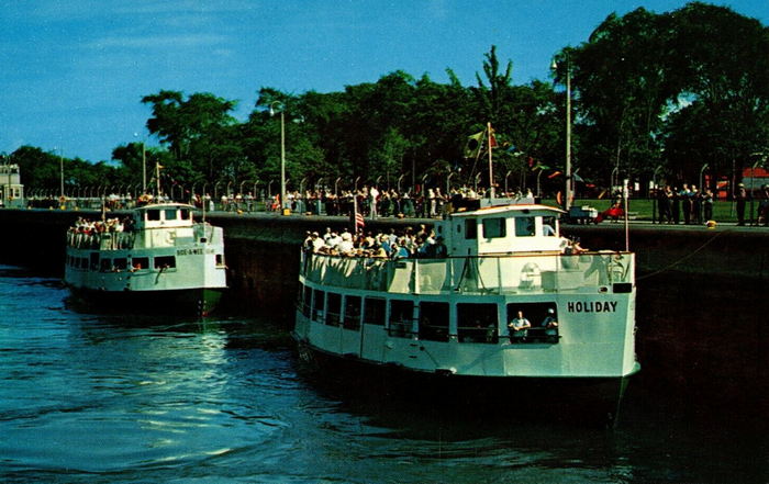 Soo Locks Boat Tours - Old Postcard (newer photo)